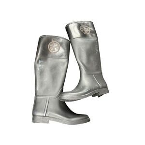 Tory Burch Women's Tall Black Rubber Leather Riding Boots Size 7M *note flaw